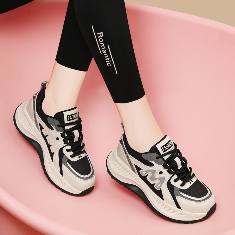 真皮老爹鞋女款2025新款春秋季厚底软底显脚小轻便百搭休闲运动鞋