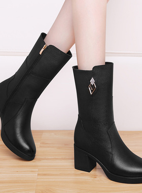 黑色圆头粗跟中筒靴20025新款冬季加绒侧拉链保暖瘦瘦靴时尚女靴