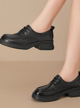 英伦风布洛克鞋女2026新款春秋季黑色系带厚底休闲鞋通勤百搭单鞋