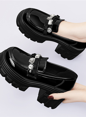 厚底乐福鞋女2025新款秋季水钻装饰一脚蹬小皮鞋黑色粗跟显高单鞋
