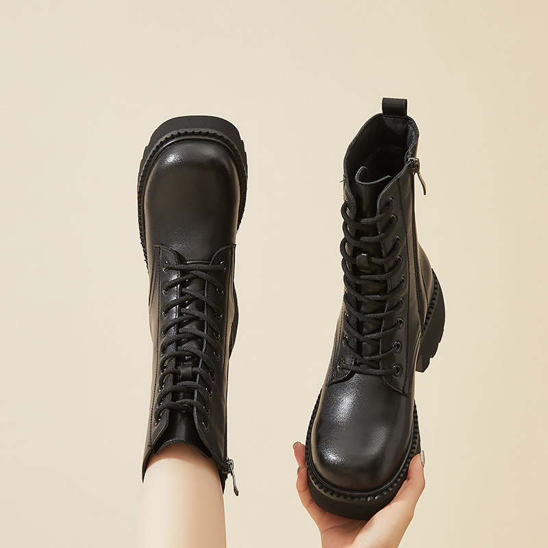 英伦风黑色马丁靴女款2025新款春秋冬季加绒中筒靴厚底短靴瘦瘦靴