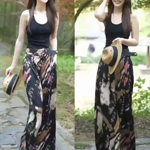 休闲裤 雪纺直筒阔腿裤 高腰宽松垂坠感花色冰丝拖地甩裤 新款 女夏季