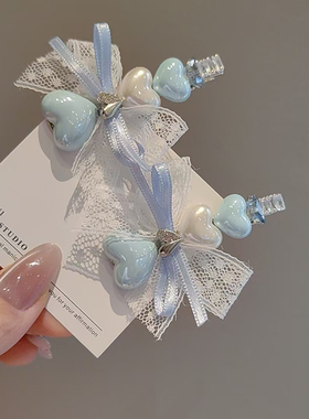 法式复古蕾丝蝴蝶结少女发夹小众高级感蓝色珍珠碎发侧边夹鸭嘴夹