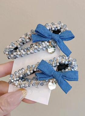 韩系气质水钻串珠蓝色蝴蝶结发夹侧边夹刘海碎发夹时尚侧边夹发饰