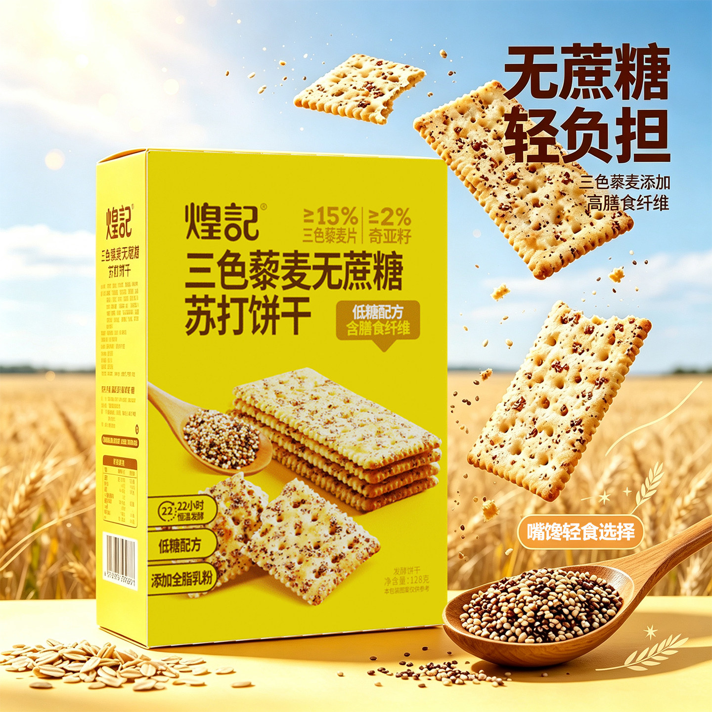 煌记三色藜麦无蔗糖苏打饼干低糖奇亚籽膳食纤维早餐代餐饱腹感