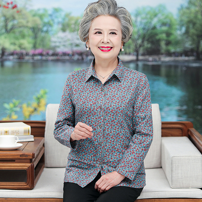 中老年人春装女纯棉衬衫薄款奶奶长袖上衣老太太妈妈春夏衬衣套装