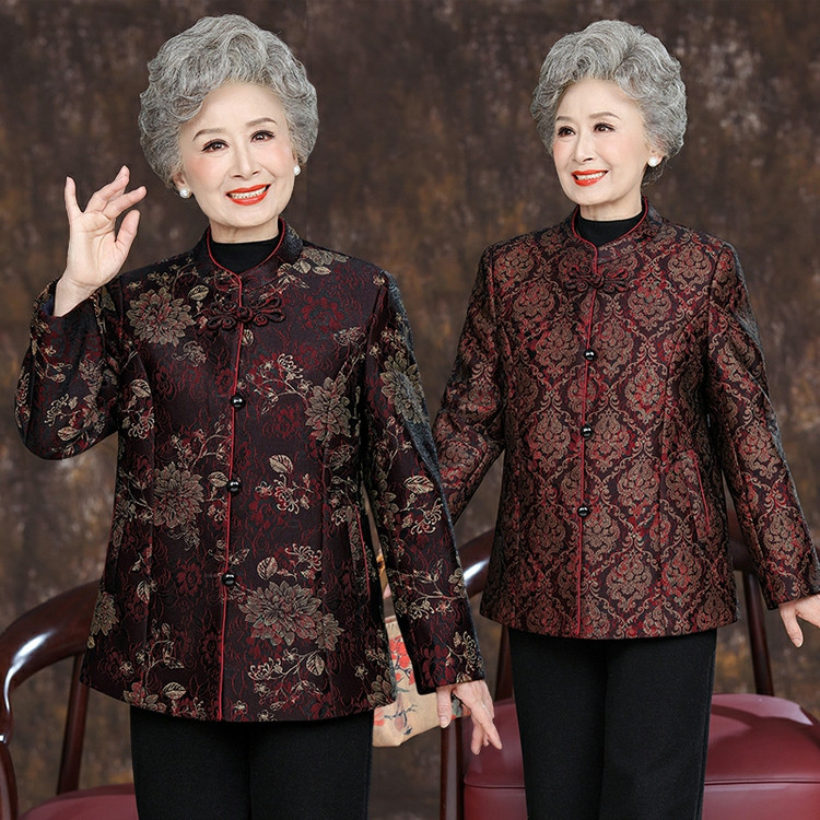 中老年妈妈装毛呢外套女奶奶装立领盘扣洋气上衣老太太唐装
