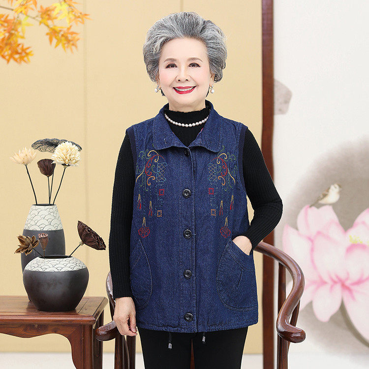 休闲风牛仔马甲女中老年绣花翻领春秋奶奶背心大码马甲