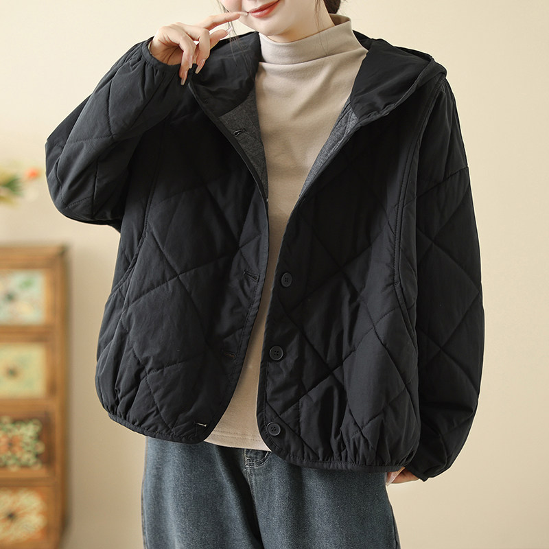 2025新款绗棉保暖连帽棉服宽松百搭秋冬夹棉复古短款棉衣外套