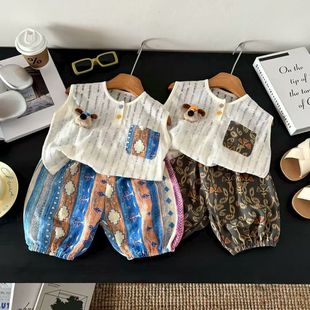 韩版 夏款 休闲a类童装 薄款 儿童背心 夏季 分体上衣防蚊裤 男童套装