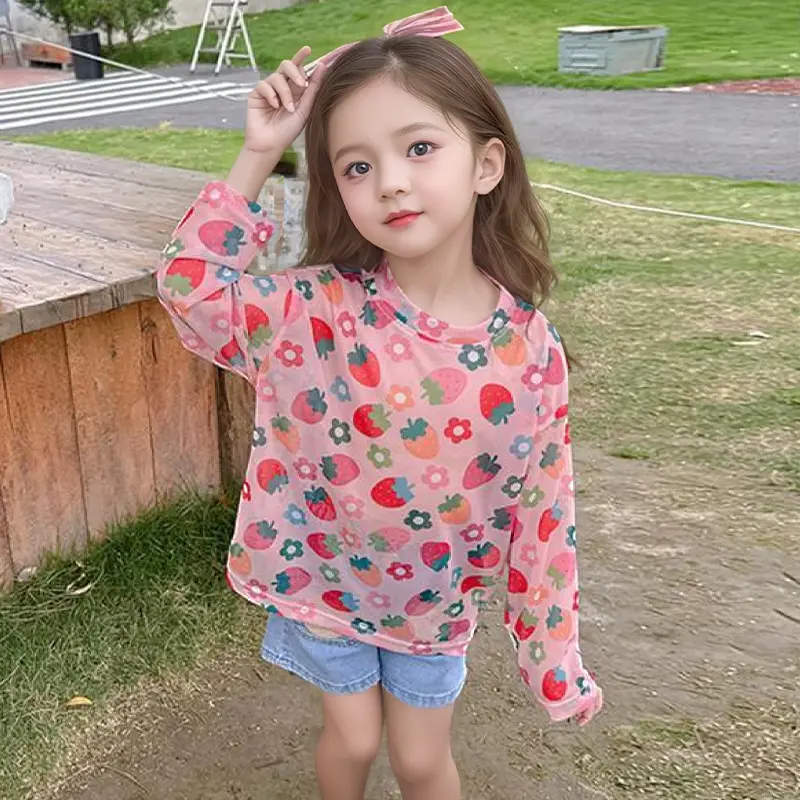 女童夏季防晒打底衫儿童网眼印花T恤宝宝弹力网纱冰丝长袖皮肤衣