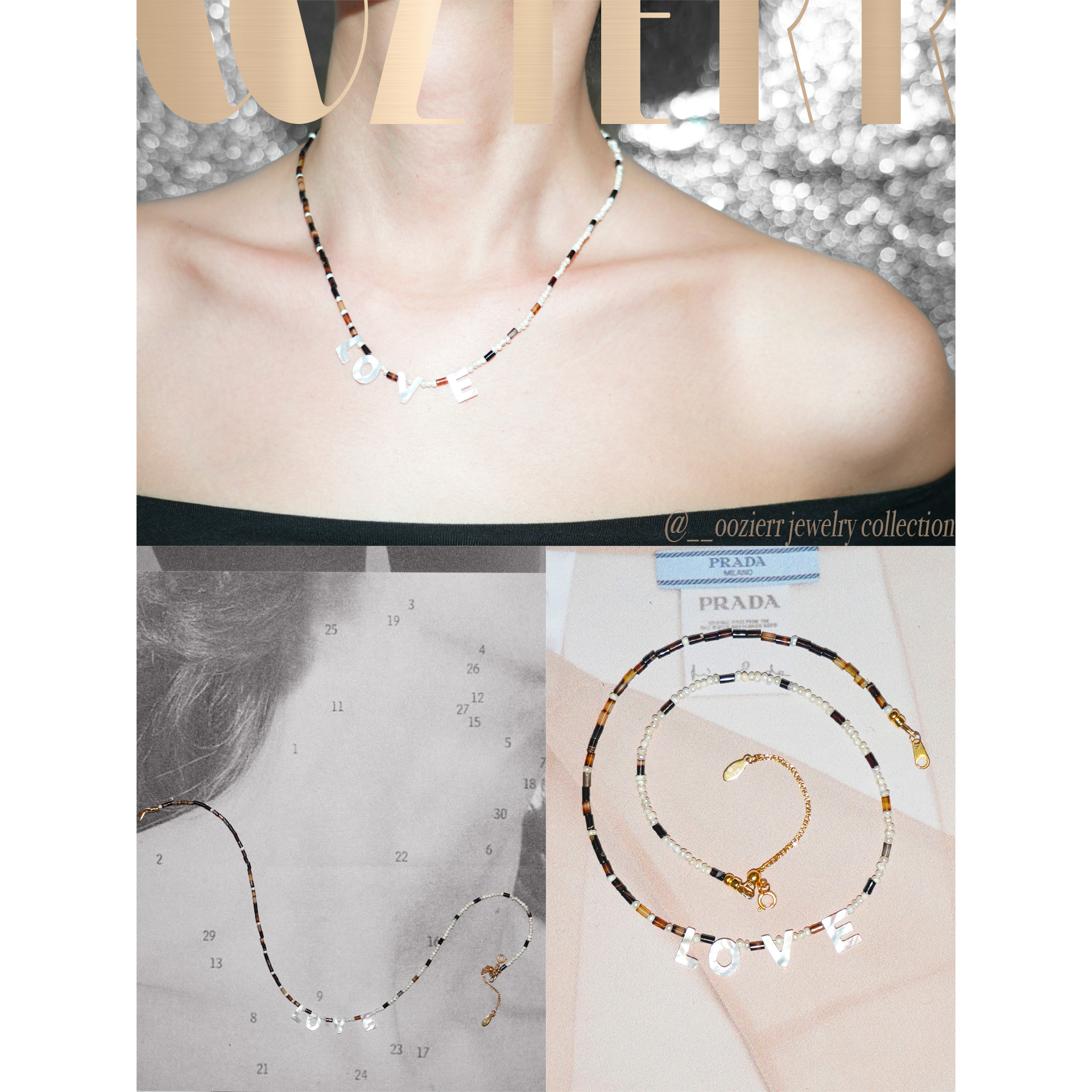 oozierr太紫 天然白贝LOVE字母琥珀玛瑙珍珠项链高级珍珠锁骨链