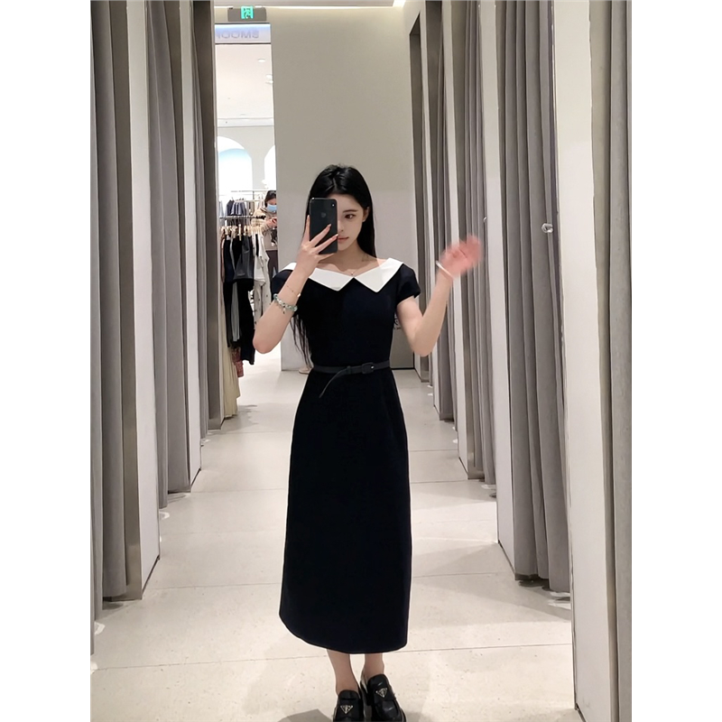 高个子fletta同款ins超火一字肩撞色领连衣裙女夏显瘦长款连衣裙