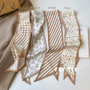 新款韩版咖色系丝巾发带女小长条薄款涤纶花朵头饰小众飘带千鸟格