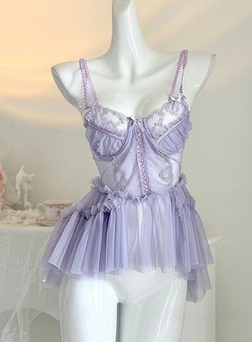 法式芭蕾裙款紫色蕾丝纯欲风网纱带钢圈吊带睡裙小胸友好甜美睡衣