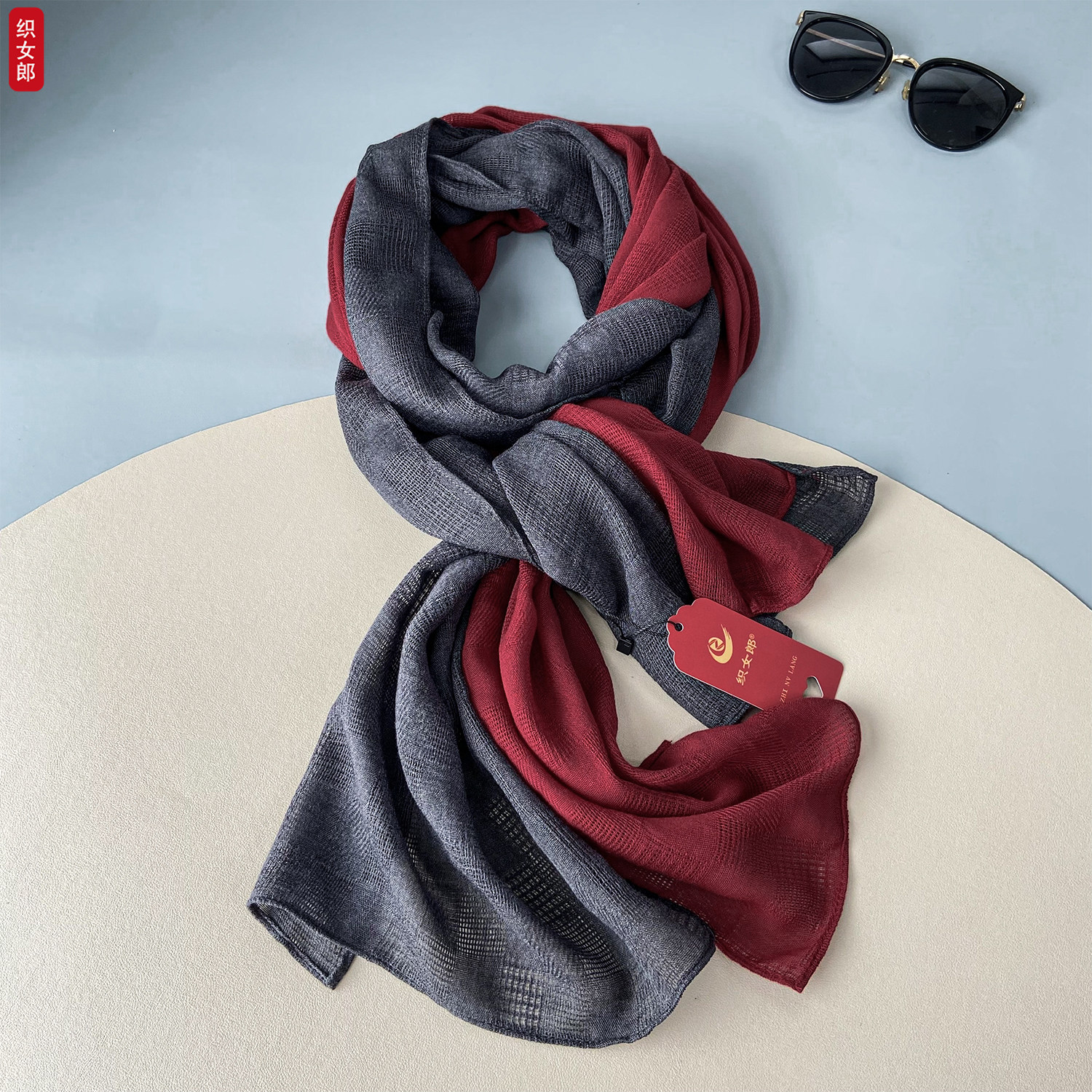 不规则拼色棉麻手感围巾秋冬保暖百搭文艺围脖披肩轻薄款酒红灰色