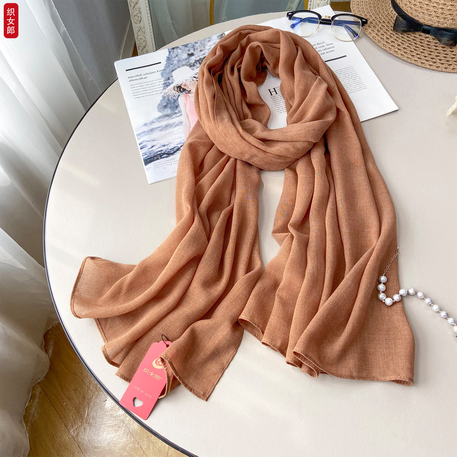 纯色围巾女春秋冬新款棉麻丝巾薄款韩版披肩两用长款亚麻森系围脖