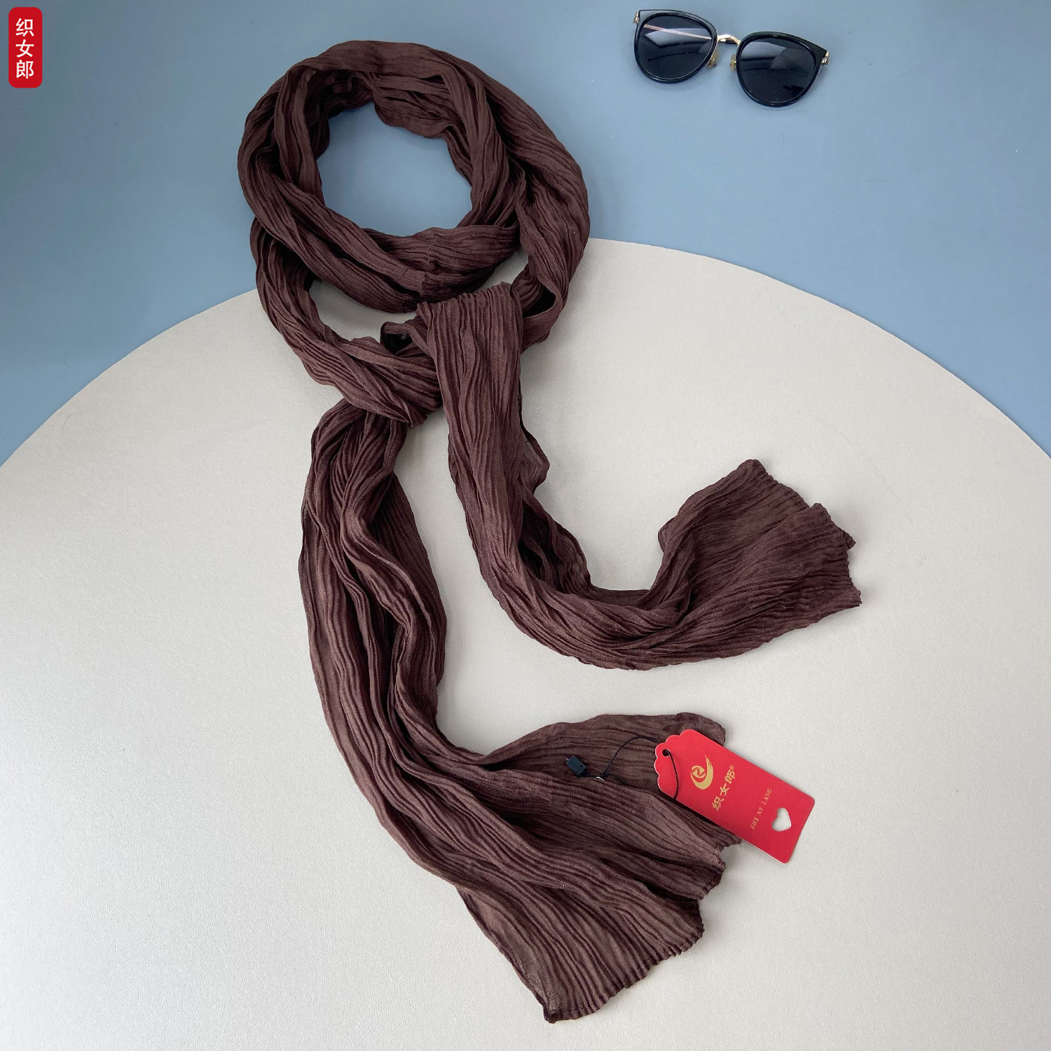 褶皱棉麻细长款围巾女春夏季护颈装饰窄版丝巾亚麻文艺围脖咖啡色