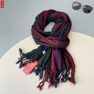 红色亚麻格子围巾女春夏季薄款流苏褶皱文艺护颈遮阳长款棉麻丝巾