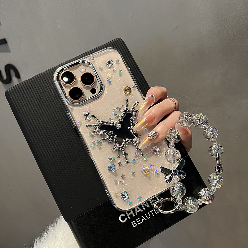 闪钻滴胶蝴蝶补妆镜子带手链适用iphone16ProMax手机壳苹果15/14Plus硅胶软边13/12/11全包防摔保