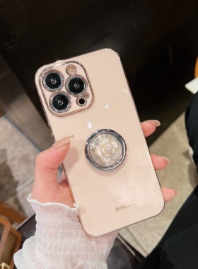 简约山茶花支架适用16Pro电镀苹果15Pro/13直边12ProMax苹果X软胶13新款手机壳iphone11高级全包防摔保护套女