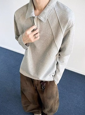 Uncle Shorts灰色卫衣男士学院风美式复古宽松百搭polo领套头上衣