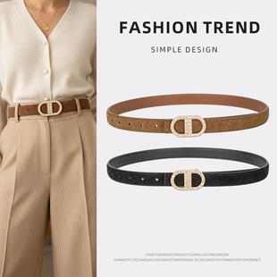 跨境二层牛皮CD扣水钻腰带女束腰百搭通勤西装牛仔裤裙装饰裤腰带