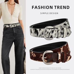 复古高级感真皮腰带女马毛奶牛纹装 带合金银扣头层牛皮带 饰牛仔裤