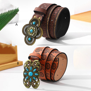 花纹复古绿松石女士皮带百搭欧式风格腰带时尚休闲装饰牛仔裤带腰