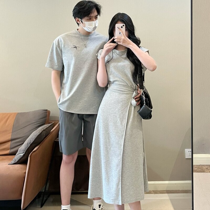 情侣装夏季超火法式短袖连衣裙潮