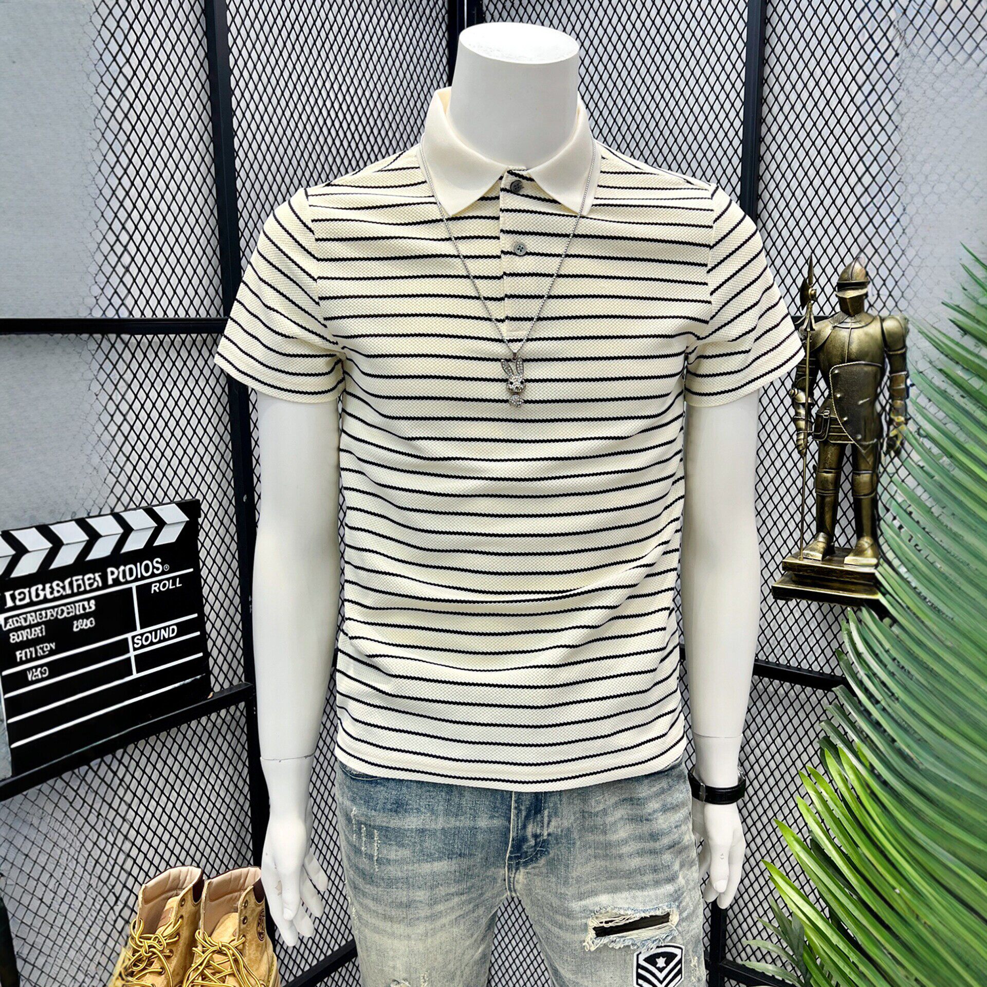 黑白条纹短袖t恤男2026新款夏装青年休闲潮流polo衫男上衣服翻领