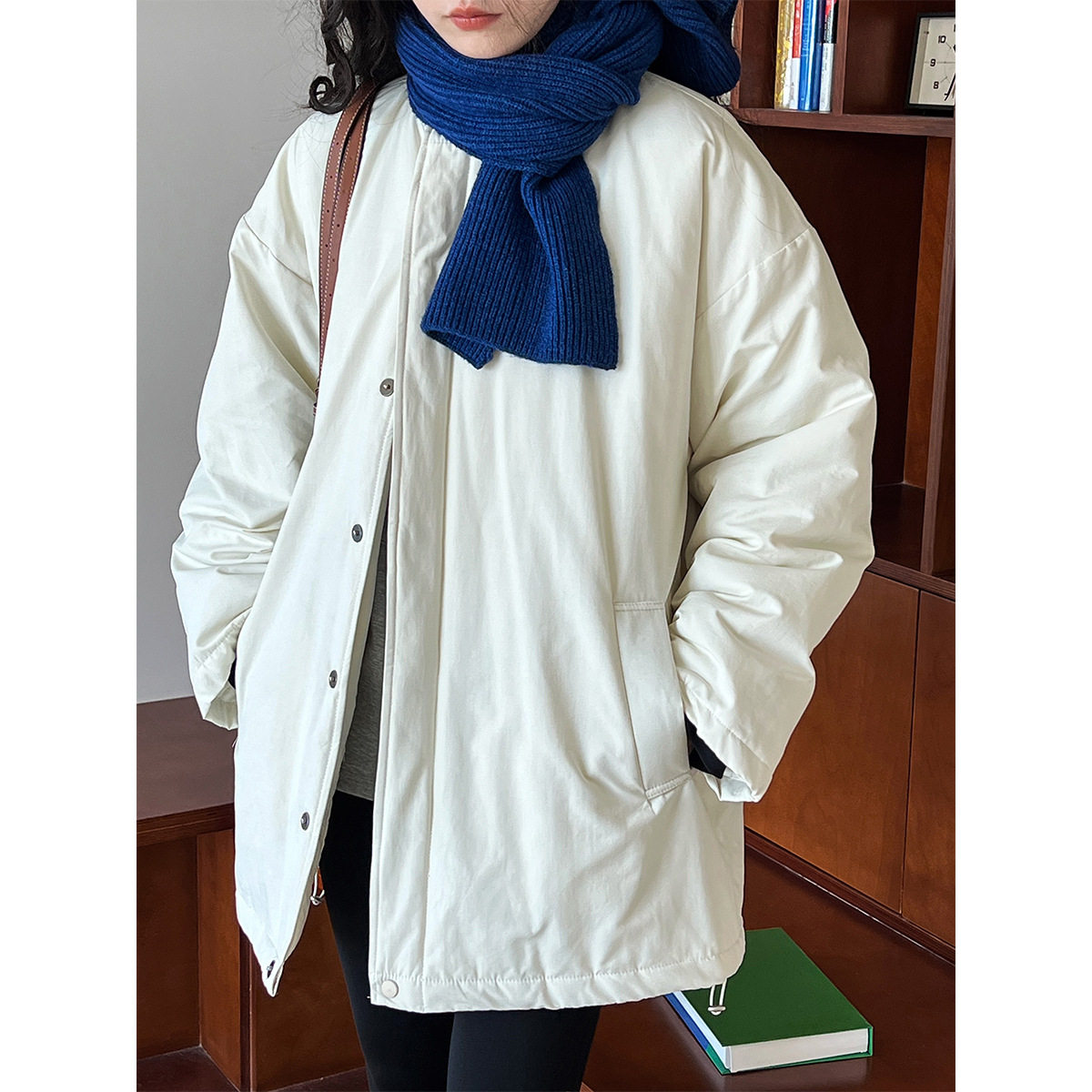 日系简约廓形棉服外套女冬季立领单排扣新款oversize夹棉工装棉衣