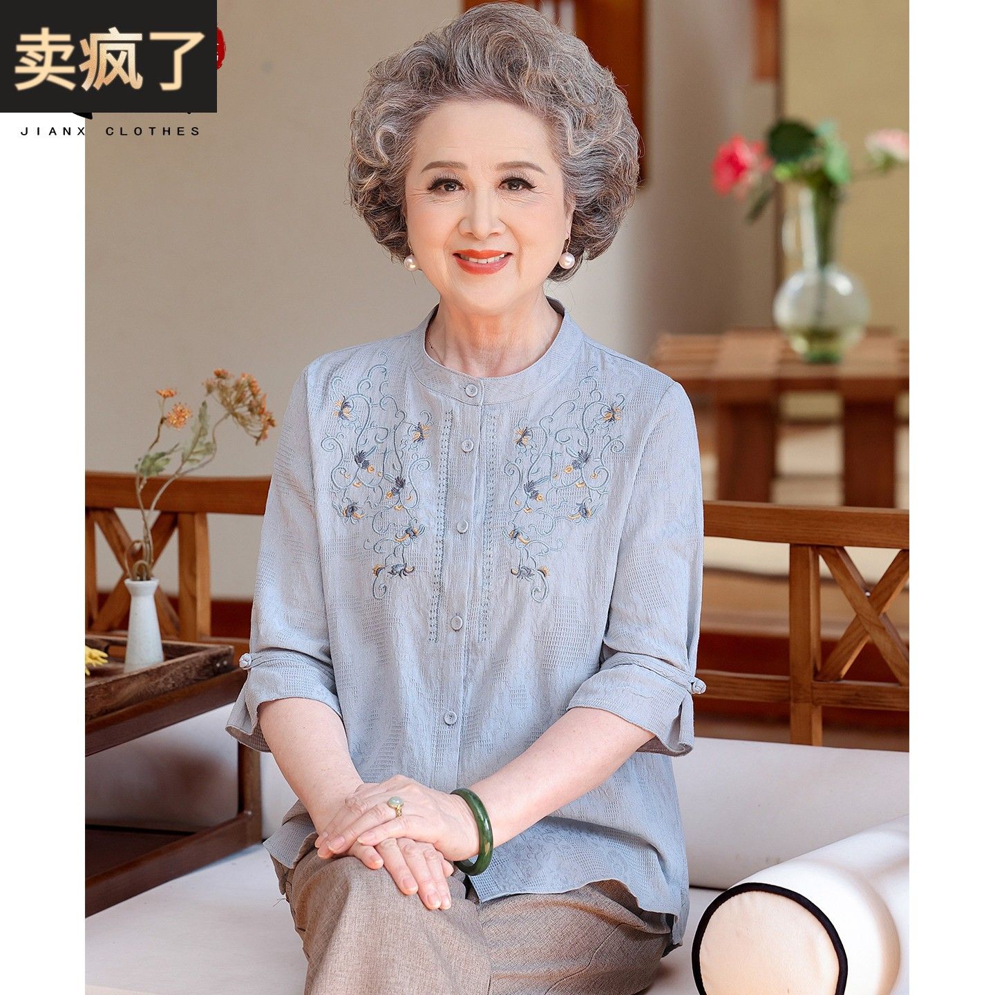 简溪奶奶春夏纯棉衬衫中老年人妈妈装绣花衬衣女老太太宽松上衣服