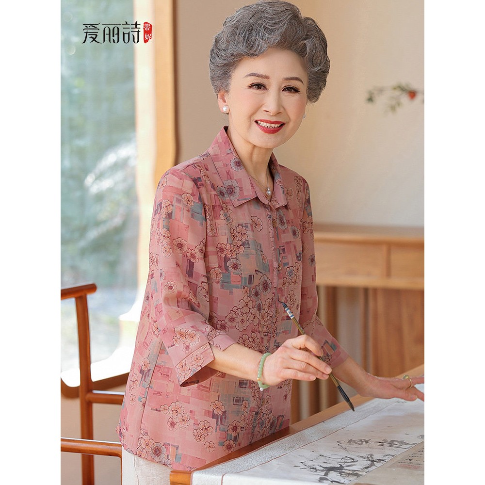 采购产品中老年妇女服装,母亲的夏装,彷丝绸衬衫,三分之袖上衣