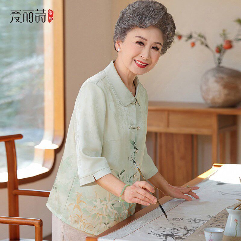 妈妈春装新款彷真丝衬衫中老年人女装奶奶夏季唐装上衣老太太衣服