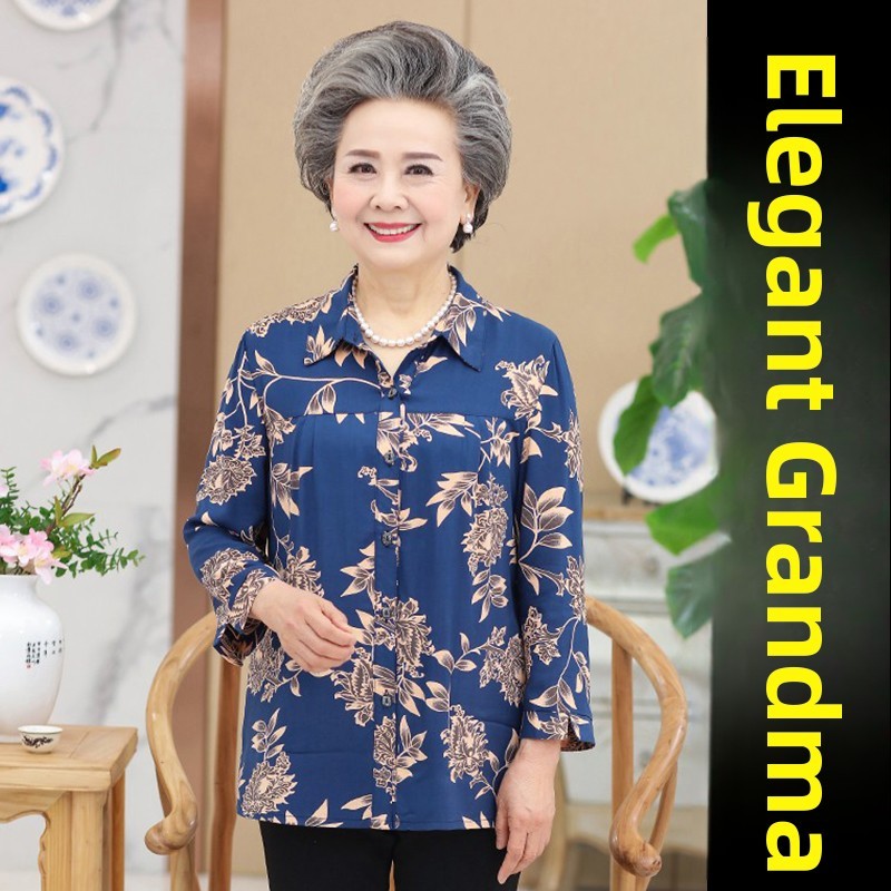 采购产品中老年母亲秋季棉质衬衫,妇女80岁老奶奶服装,时尚翻领