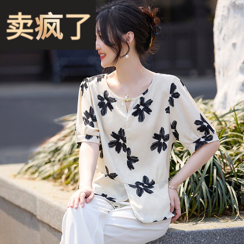 小个子妈妈夏装洋气雪纺短袖小衫40岁50减龄中年女印花薄款T恤衫