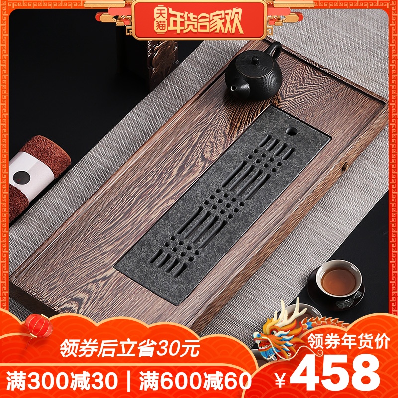鸡翅木茶盘实木家用茶台储水式长方形排水式茶海乌金石茶盘 整块