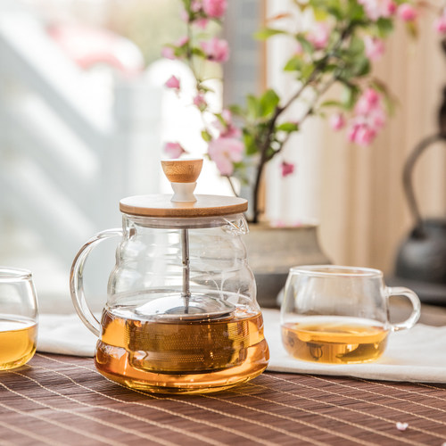 sohome风尚竹木系茶具三件套 高硼硅耐热玻璃茶壶过滤泡茶壶