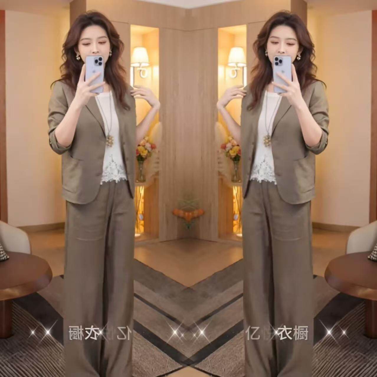 高级感春季新款套装女轻奢通勤老钱风西服麻料西装阔腿长裤套装女