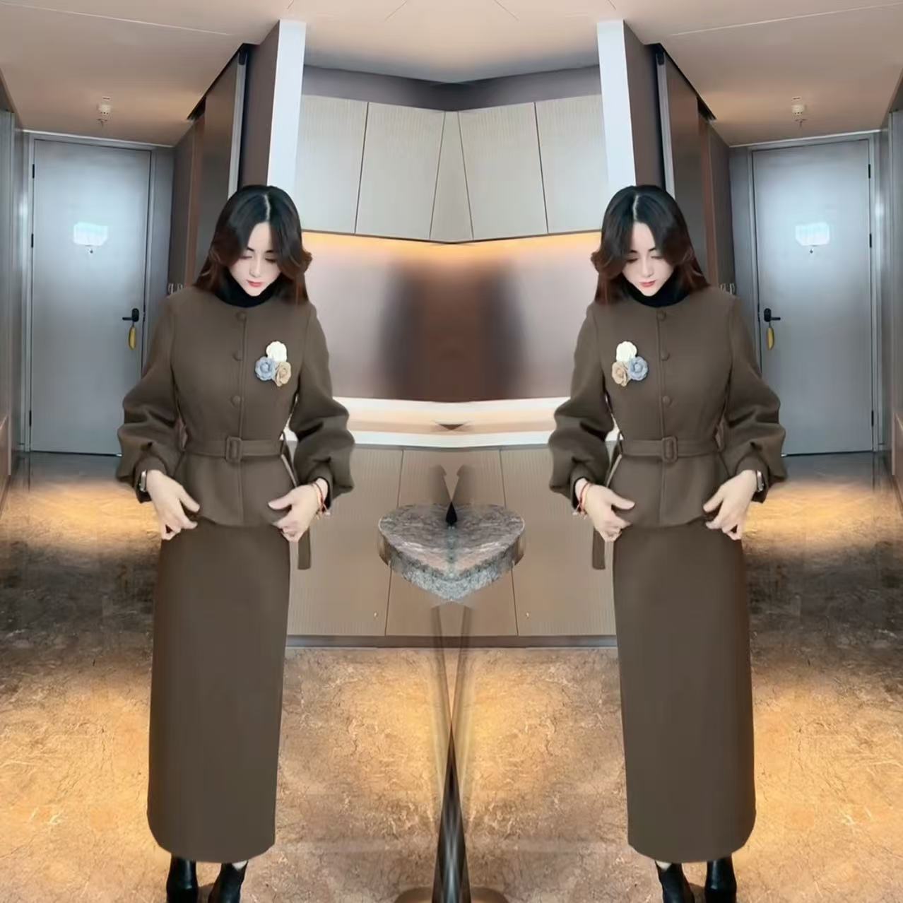 轻奢气质毛呢外套半身裙两件套