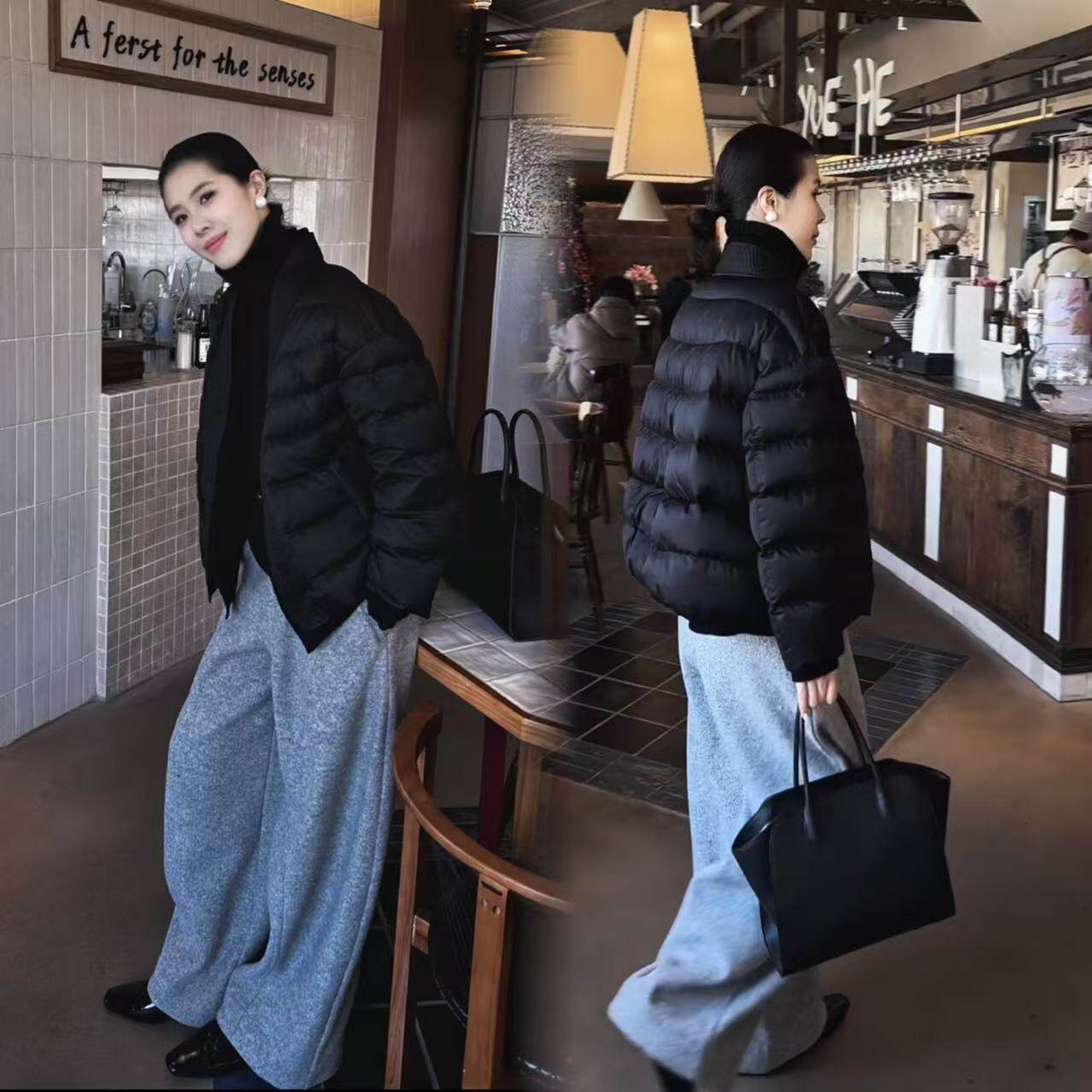 韩版新款气质黑色棉服简约休闲时髦百搭气质保暖棉衣搭配休闲裤女