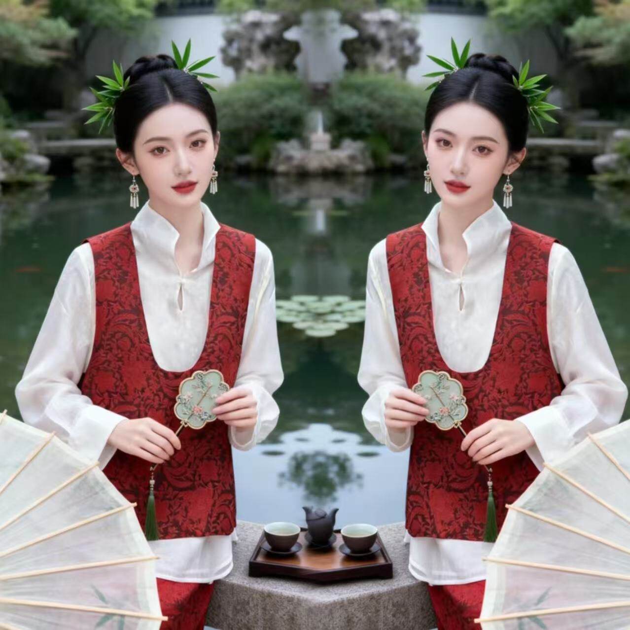 新中式古风女装穿搭2026春季新款复古花色马甲搭配长袖白衬衫套装