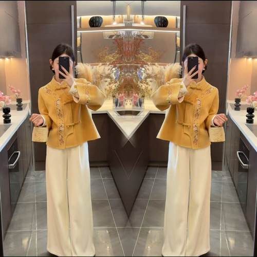 2025秋冬网红新款新中式毛呢外套女国风重工绣花盘扣立领羽绒棉服