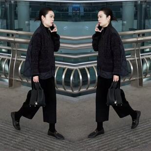 宽松外套搭配休闲裤 高雅复古黑色拼接毛衣棉衣开衫 女装 2026年新款