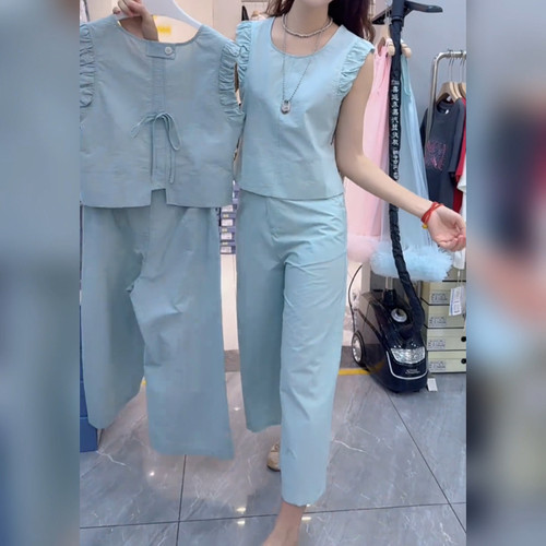 女装夏季新款时尚套装减龄无袖简约上衣阔腿裤净版休闲两件套