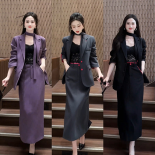 高级2025春季 套装 新款 西装 潮 气质女装 外套高腰半身裙两件套装 时尚