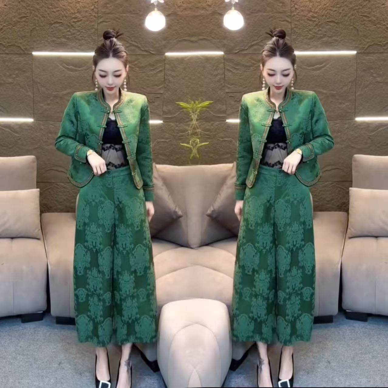 春秋季轻奢新中式国风减龄套装女时尚显瘦盘扣外套阔腿裤两件套潮,女装/女士精品,民族服装/舞台装,淘宝优惠券,粉丝福利购,淘宝优惠卷