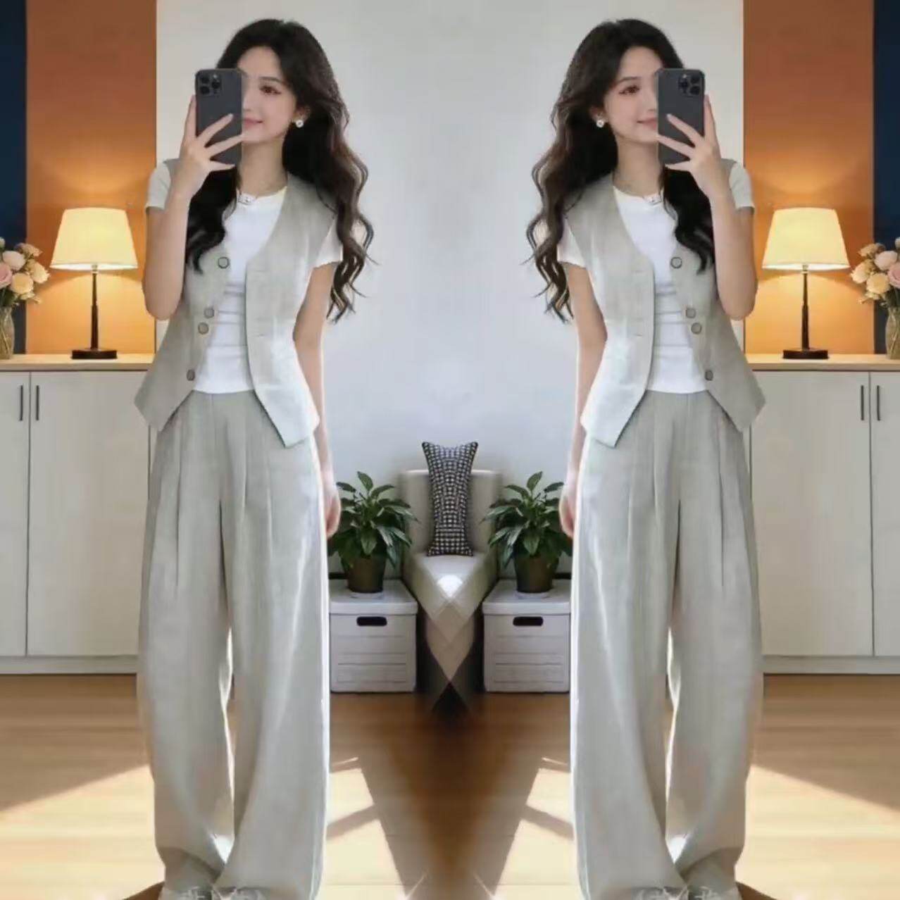 职业套装女2026夏季新款女装西装马甲纯色T恤阔腿裤三件套装女潮