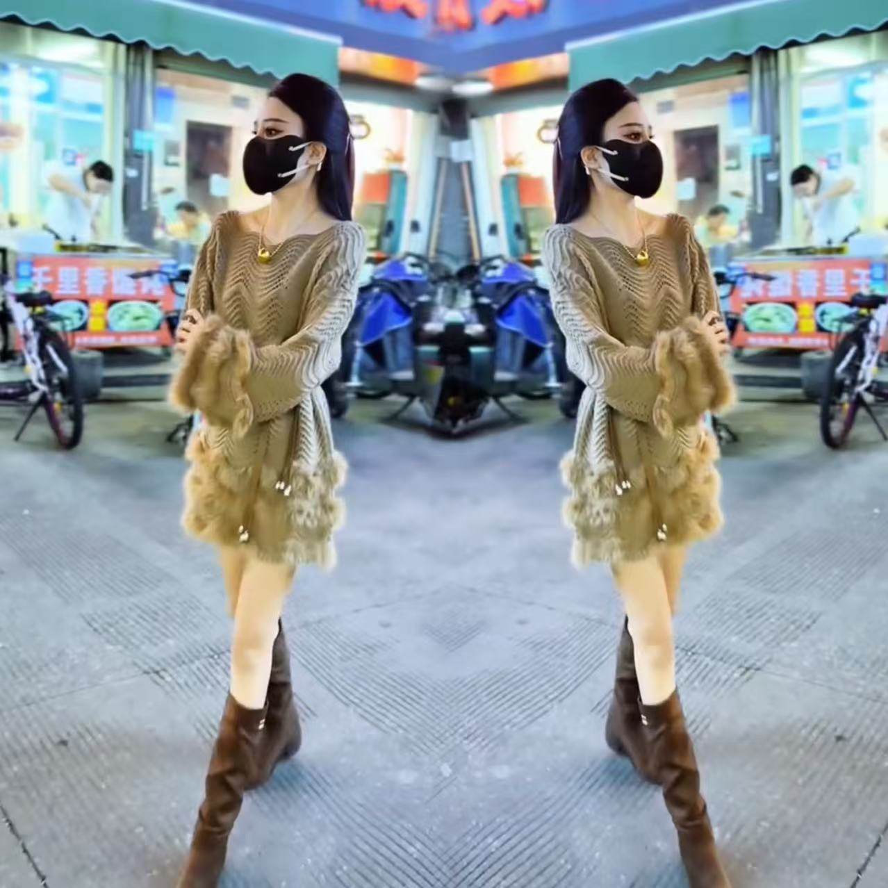 网红爆款时尚洋气女装2025秋冬新款韩系拼接毛毛针织裙腰带连衣裙